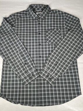 Men's Columbia Medium Plaid Button Down Shirt Lightweight Stretch Black Gray